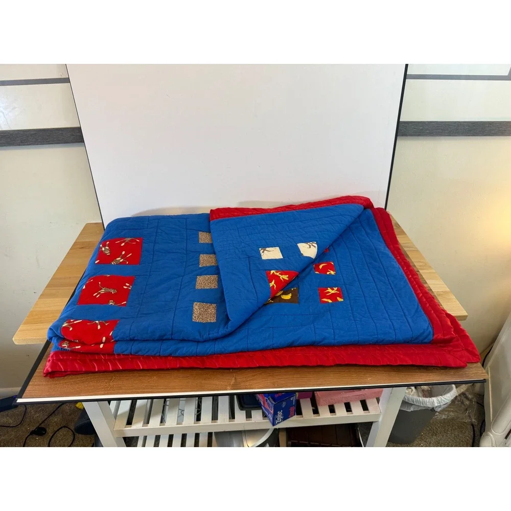 Large Handmade Sock Monkey Patchwork Quilt Blue Red Banana Theme Throw Blanket